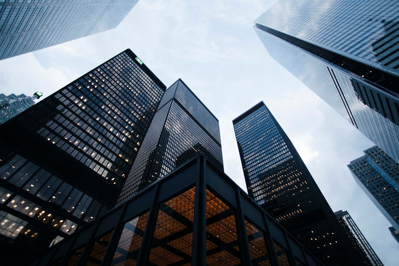 Office towers photographed from street level